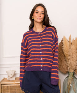 MELINE STRIPED CARDIGAN - PURPLE/ORANGE