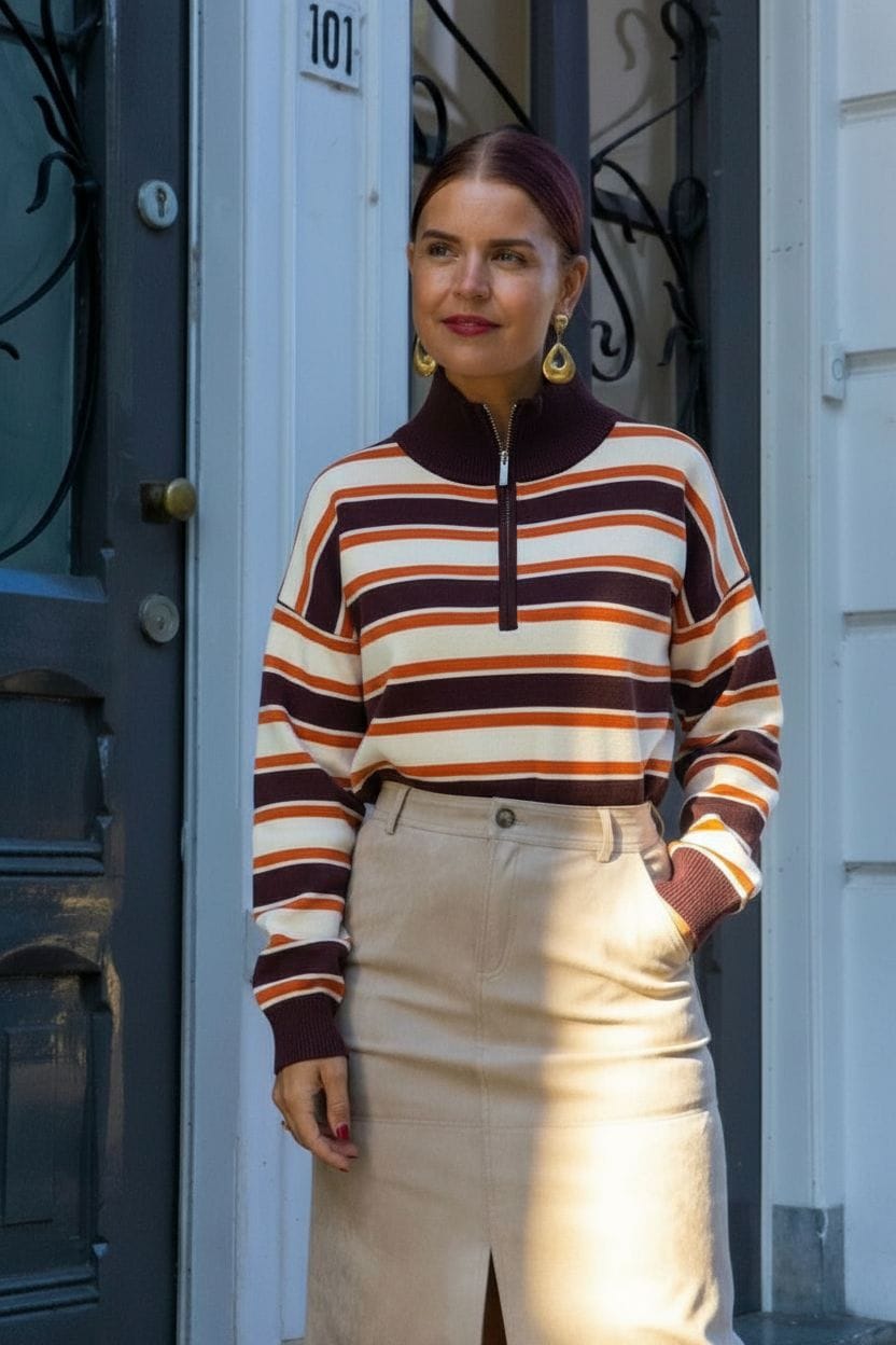 BUTCH STRIPED ZIPPER PULLOVER - BROWN/ORANGE