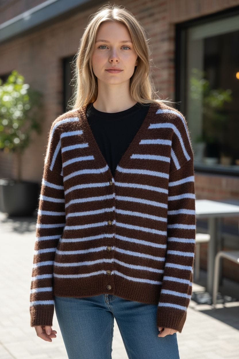 MELINE STRIPED CARDIGAN - BROWN/BLUE