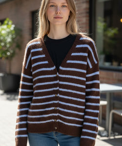 MELINE STRIPED CARDIGAN - BROWN/BLUE