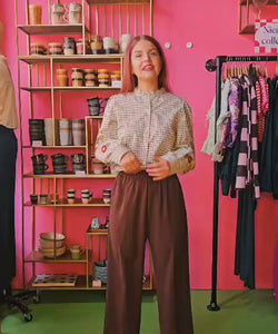 DALIJA CHECKED BLOUSE - BEIGE